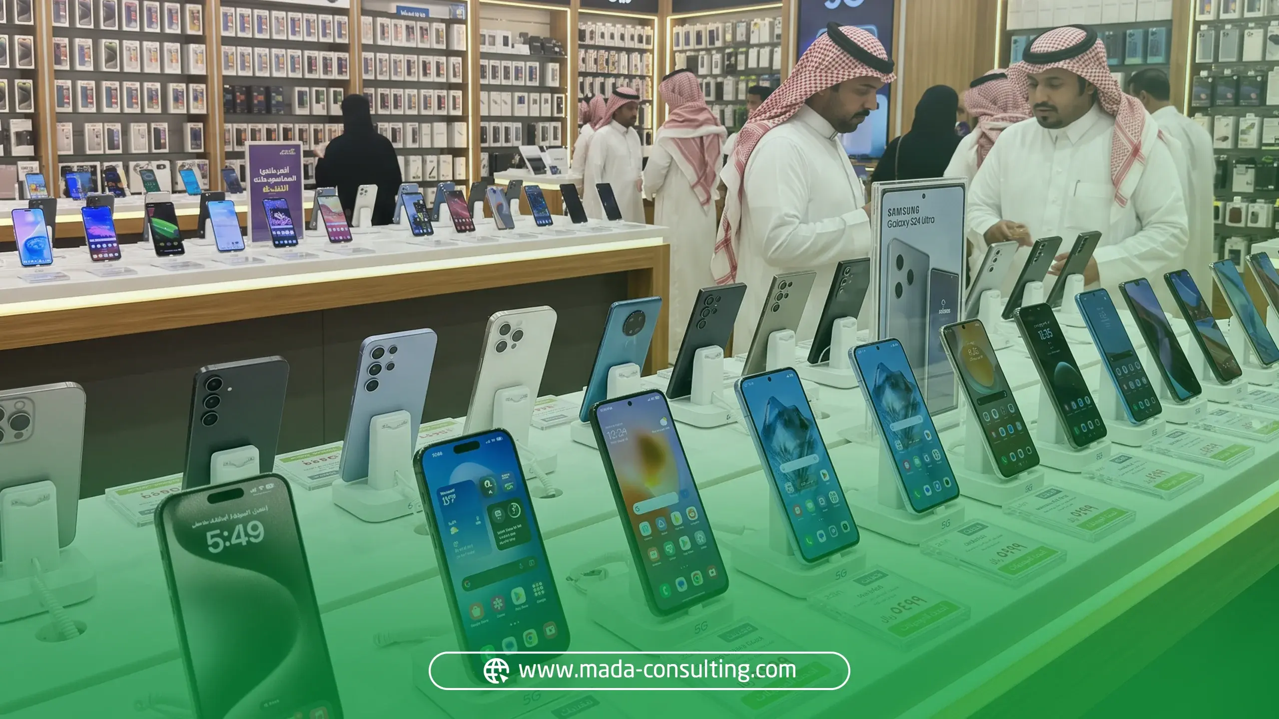 دراسة سوق محل جوالات في السعودية توضح تنوع الهواتف والإكسسوارات داخل المعارض التجارية.